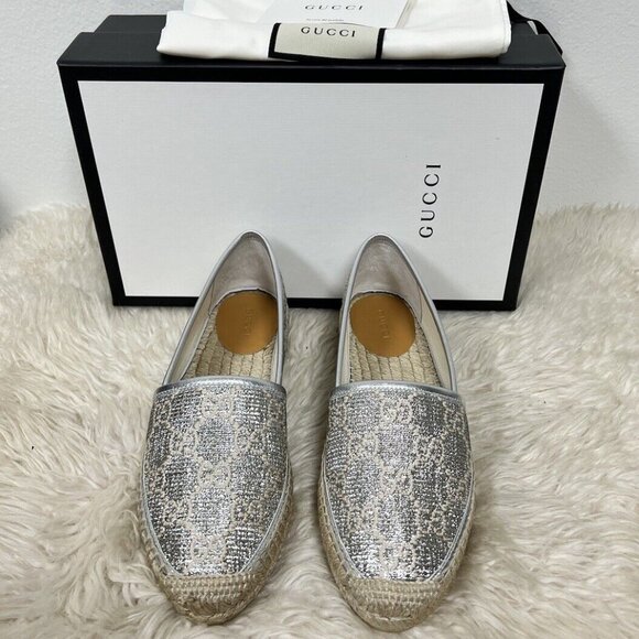 Gucci Espadrilles Heritage Logo Monogram Marmont GG Lame Silver Flat 38.5/39 - Picture 1 of 10